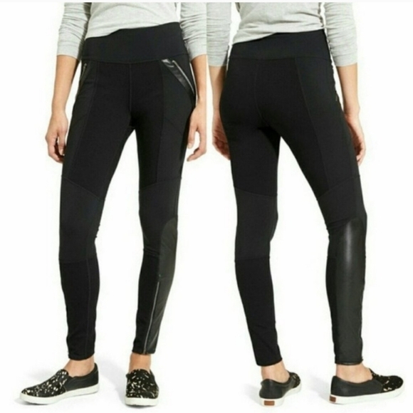 Athleta Ponte Knit Moto Legging Faux Leather Zip Black Hi Rise Waist Small - Picture 2 of 9